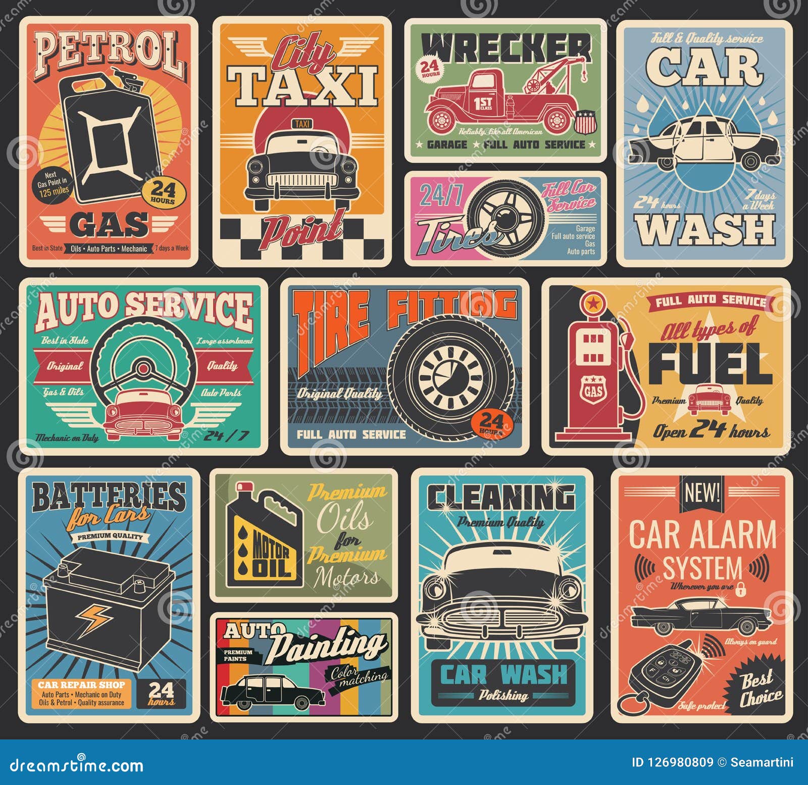 Car Service and Auto Repair Garage Retro Cards Stock Vector ...