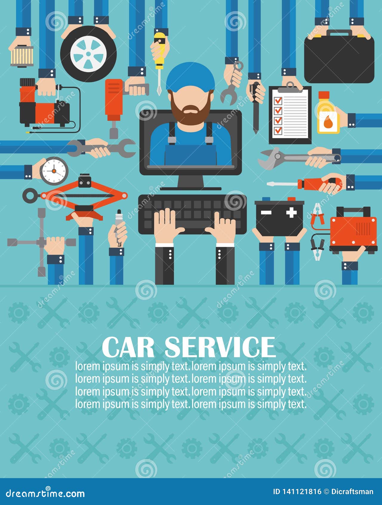 car service computer online set with mechanic flat 