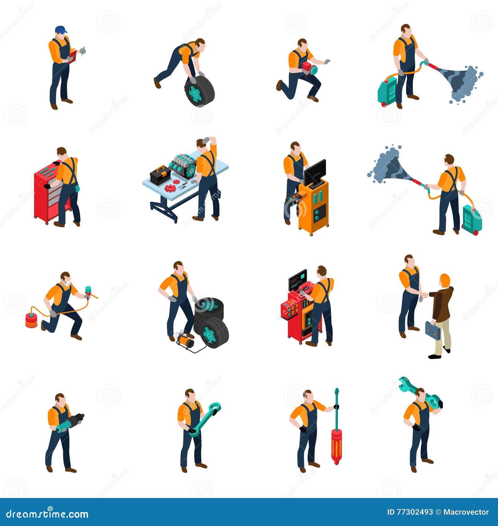 Car Service Icons Set. Car service isometric icons set with people and equipment symbols vector illustration