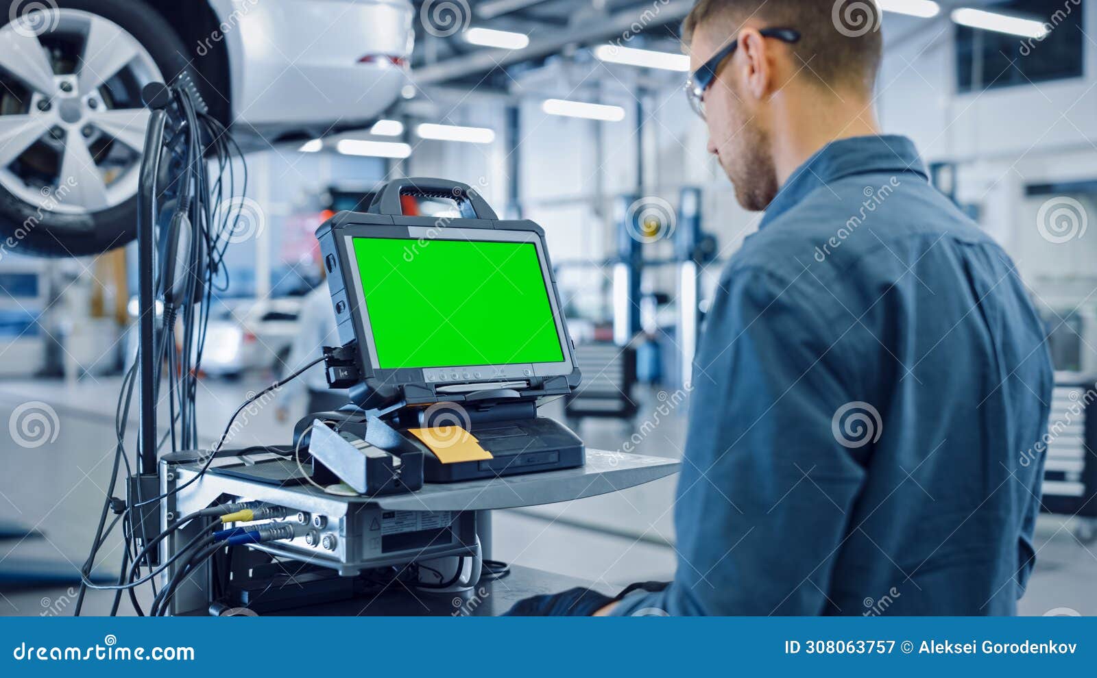 Car Service Mechanic is Running a Diagnostics Software on an Advanced