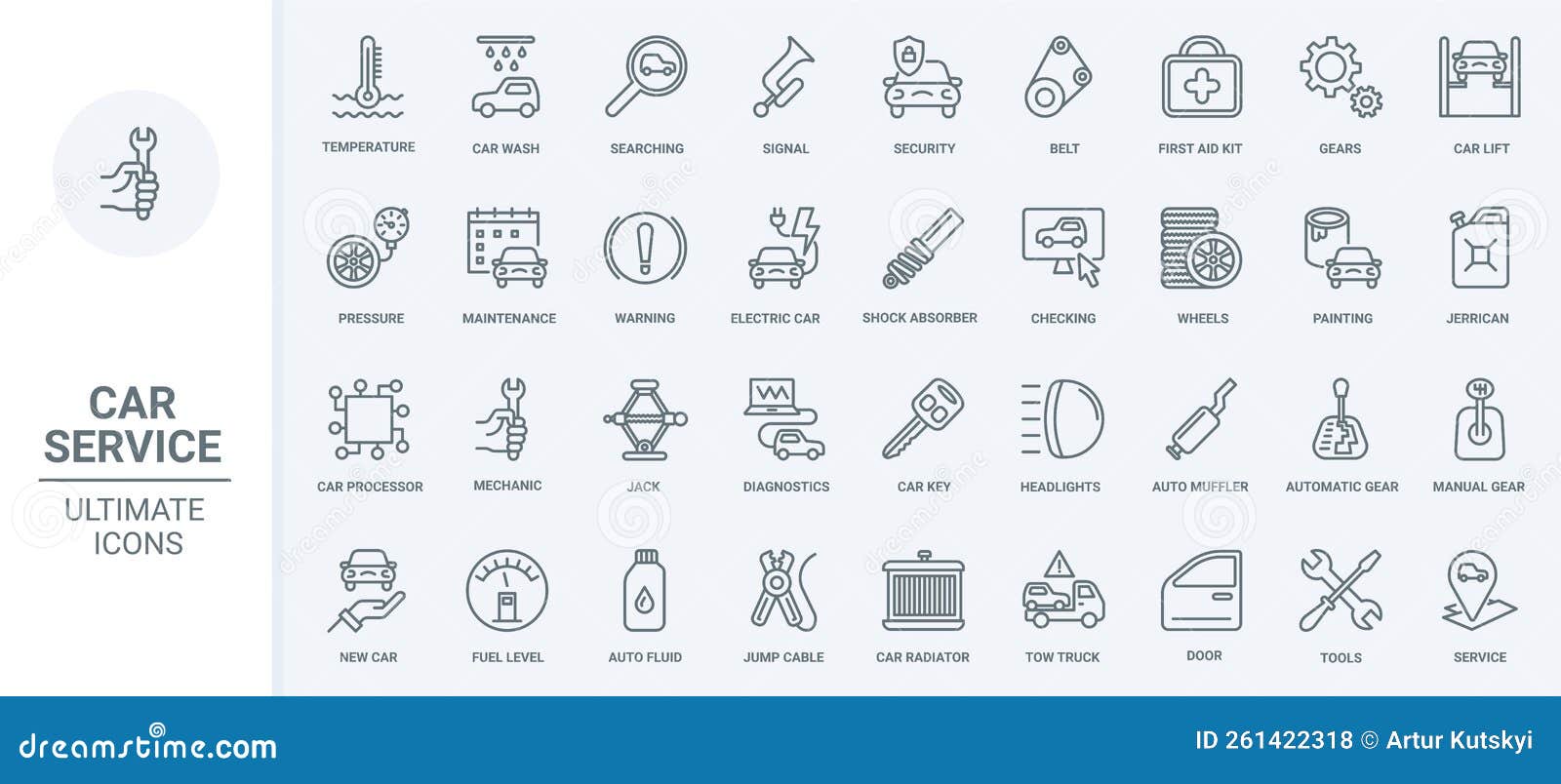 car service thin line icons set, scheduled diagnostics of vehicle and auto repair tools