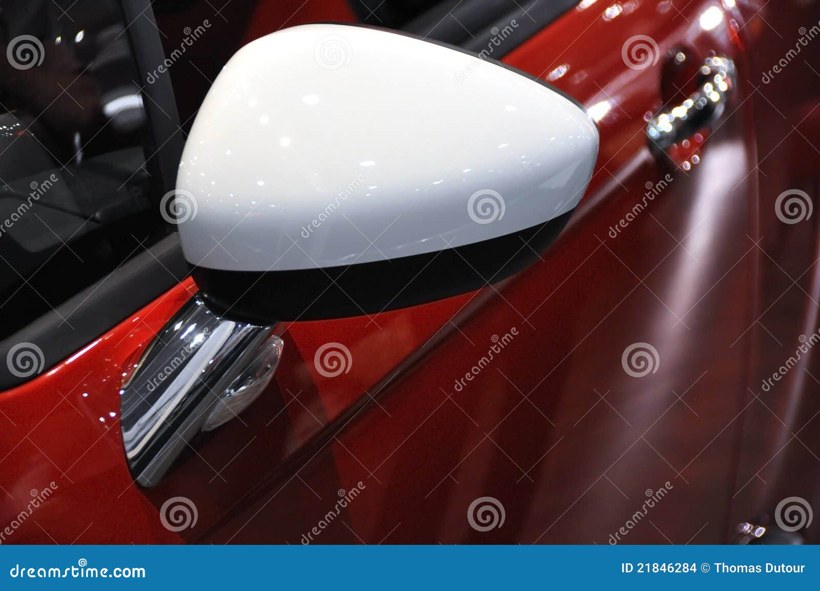 Side Mirror Of Red Car Washed In Self Serve Carwash, Jet Water Stream
