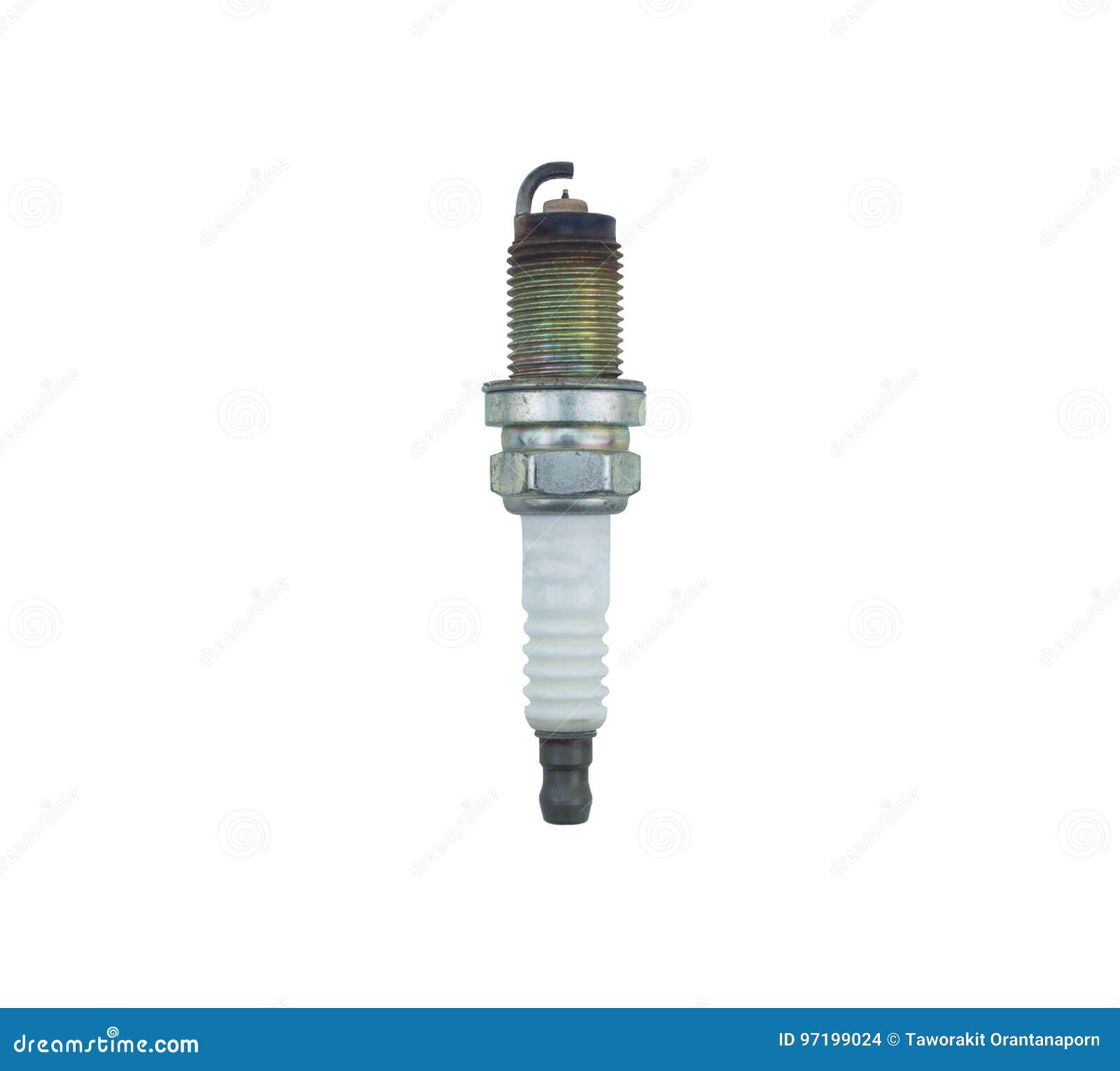 car spark plug used for ignition, Spark plug after use, isolate on white  background, made form steel, ceramic, aluminum. 3D rendering of excellent  quality in high resolution Stock Illustration