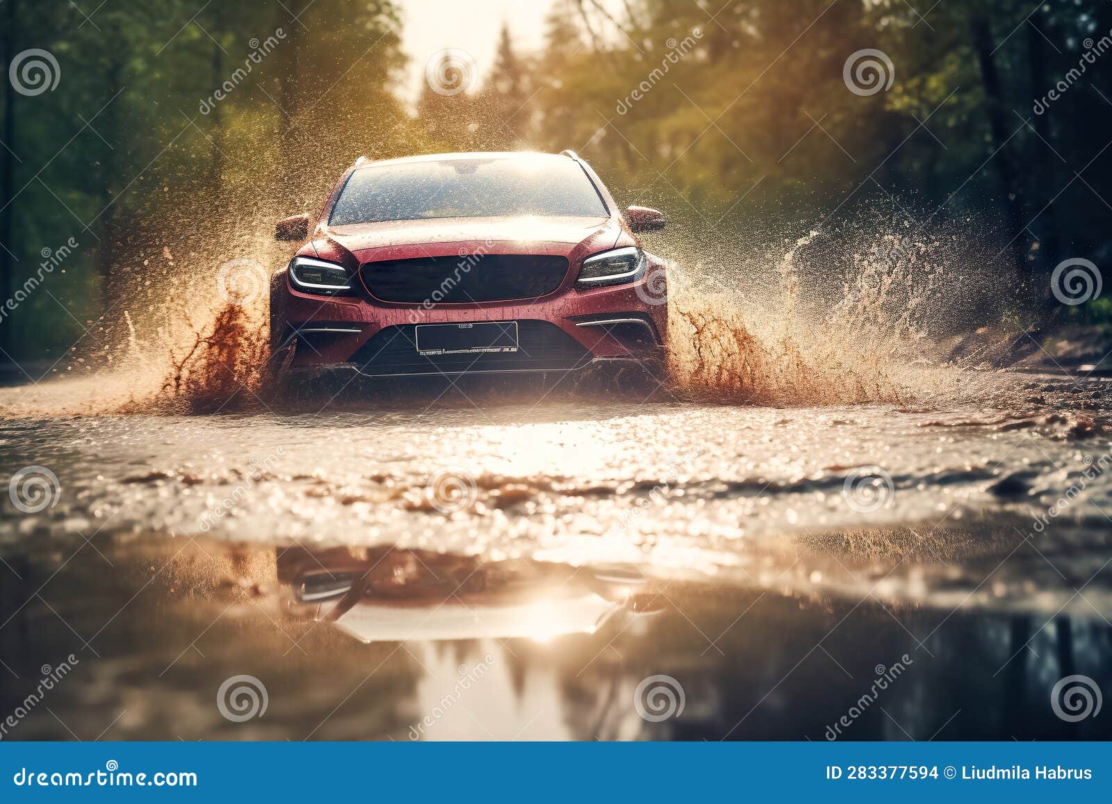 Car Splashing Water on the Side of the Road during a Flood. Generative