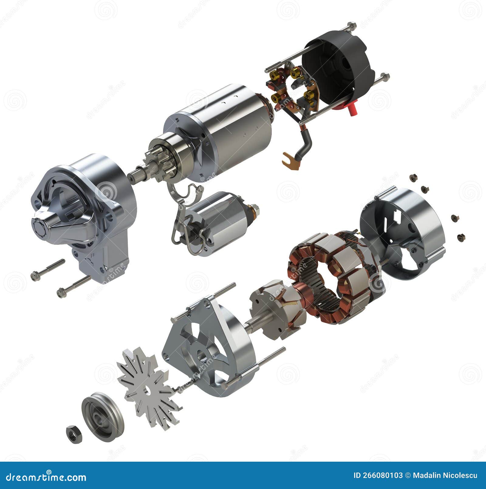 Car Starter And Alternator In Exploded View 3D Rendering RoyaltyFree