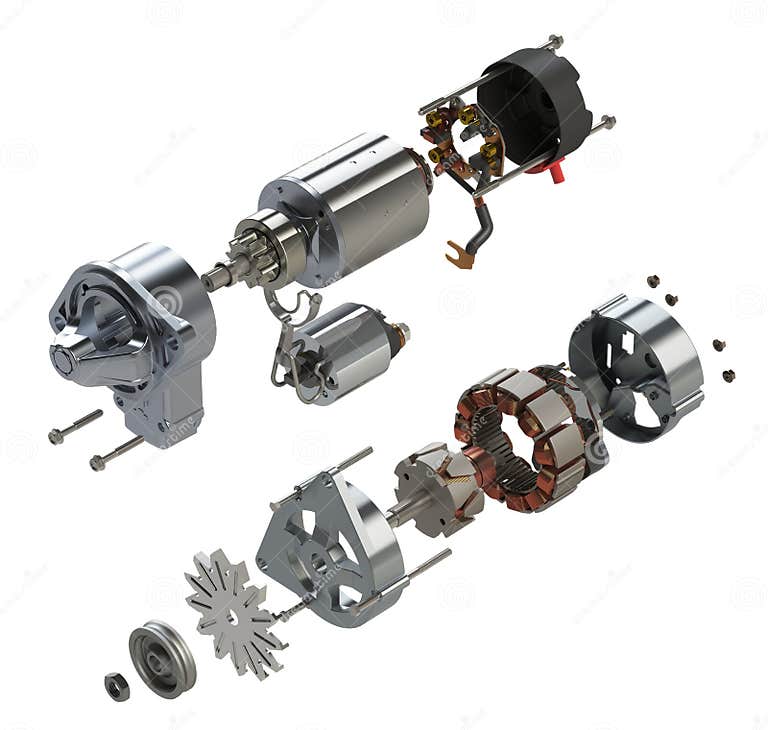 Car Starter and Alternator in Exploded View 3D Rendering Stock