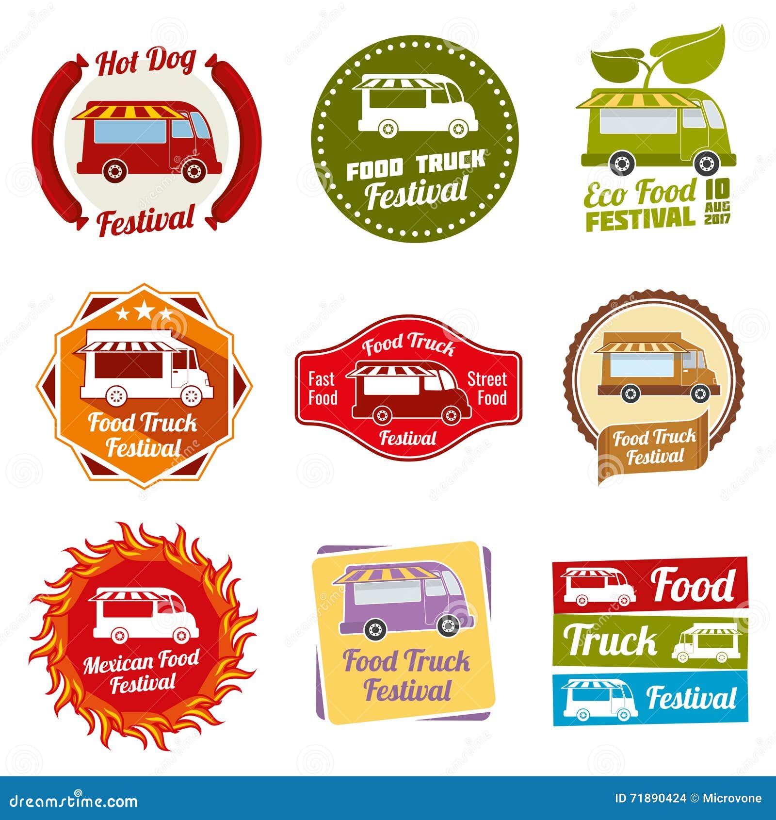 Car Street Food Festival Color Labels Set Stock Vector - Illustration ...