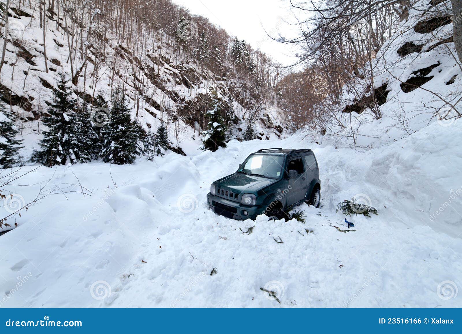 car stuck in a snow avalanche