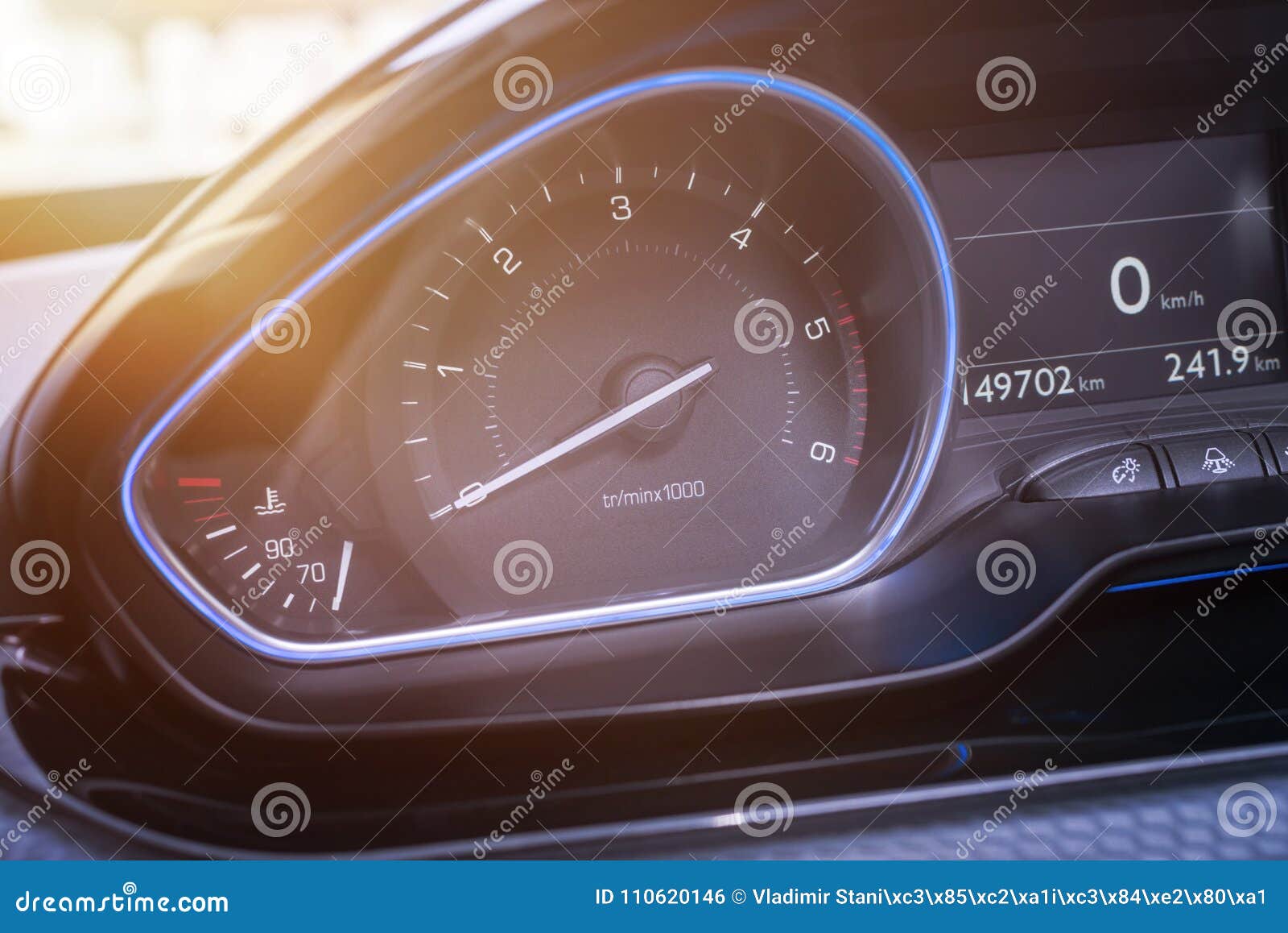 Car Tachometer Close Up. Modern Interior with Blue Led Light Stock