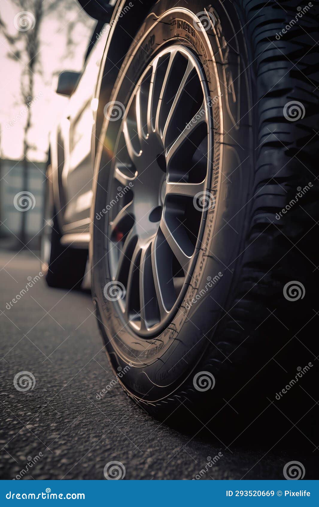 car tire close up, parked car low angle shot ai generated