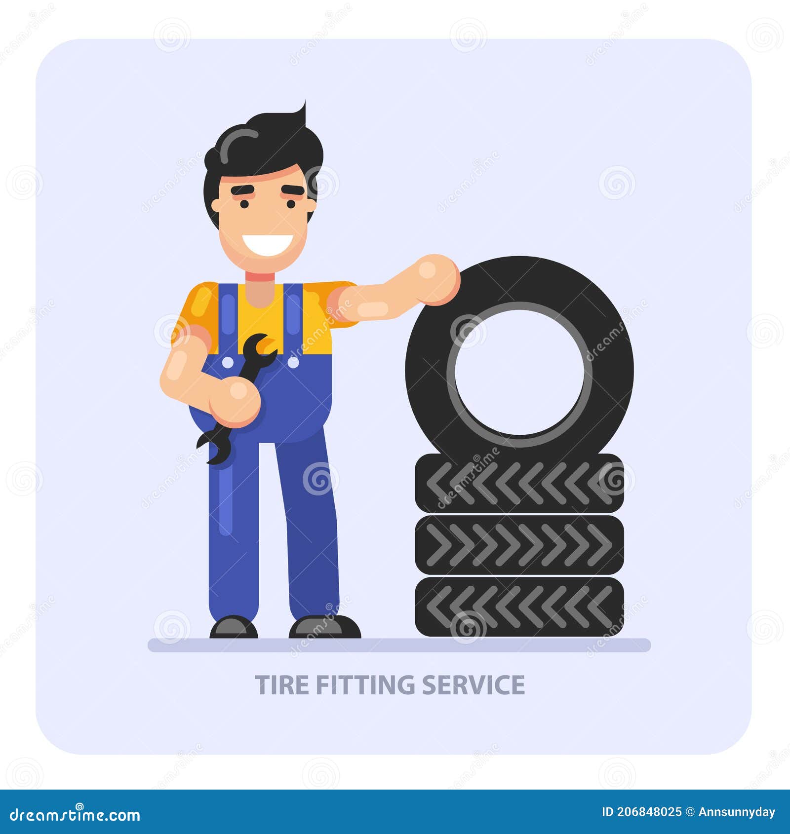 Car Tire Fitting Service Concept, Man Worker and Stack of Car Wheels