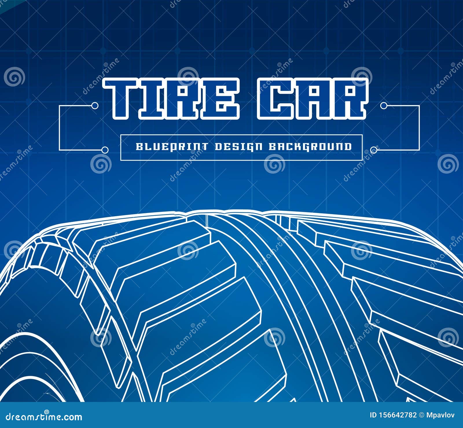 Car Tire with Tire Marks on a Blue Background. Vector Blueprint