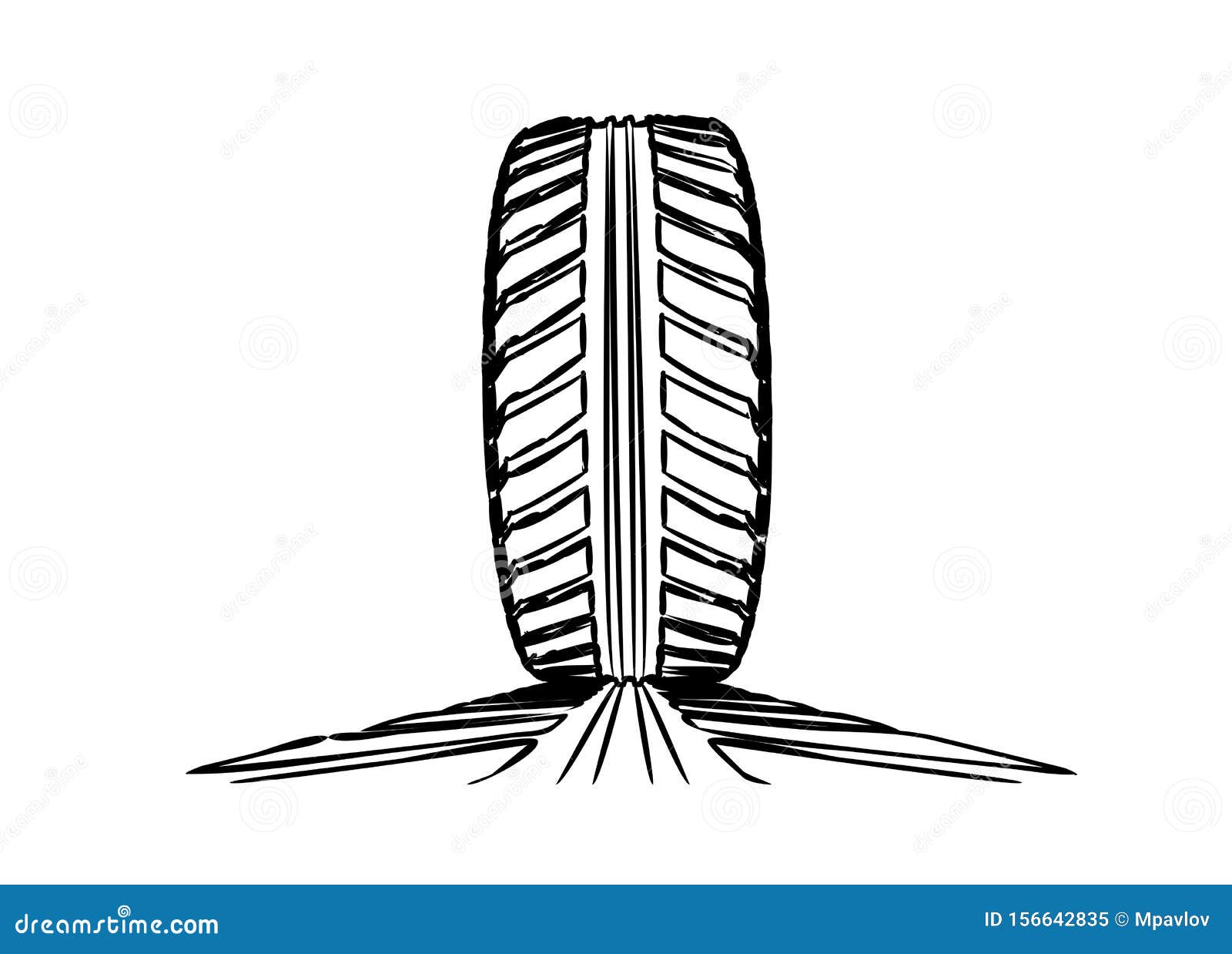 Car Tire with Tire Marks on a White Background. Handdrawn Design Stock