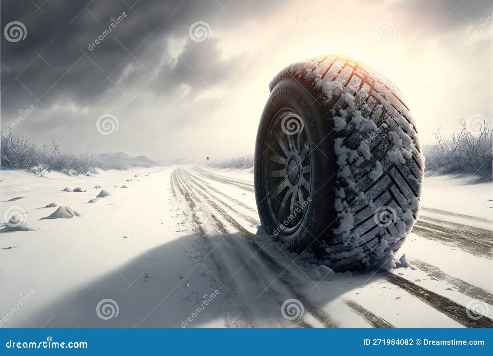 Car Tire on Snow Covered Road. Generative AI Stock Illustration