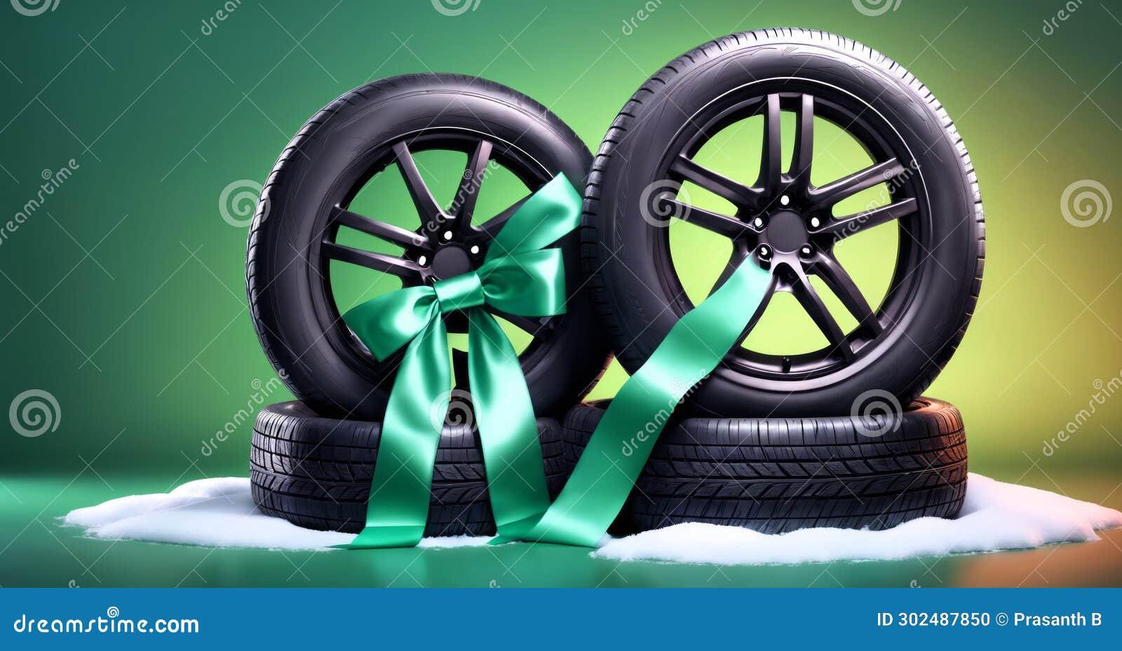 Car Tires on Green Background. 3d Illustration. Copy Space Stock Photo