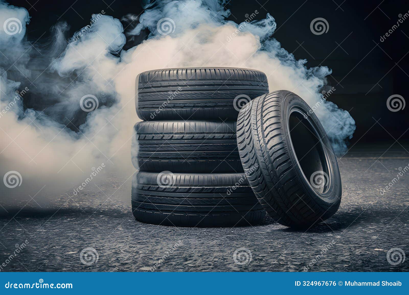 car tires stacked on asphalt under dramatic smoke or mist, enhancing mysterious atmosphere