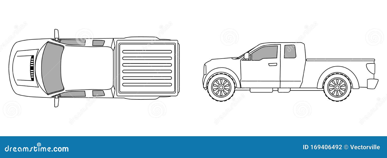 car top view sketch contour  and side pickup , for parking scheme or architecture presentation , actual proportion size. blac
