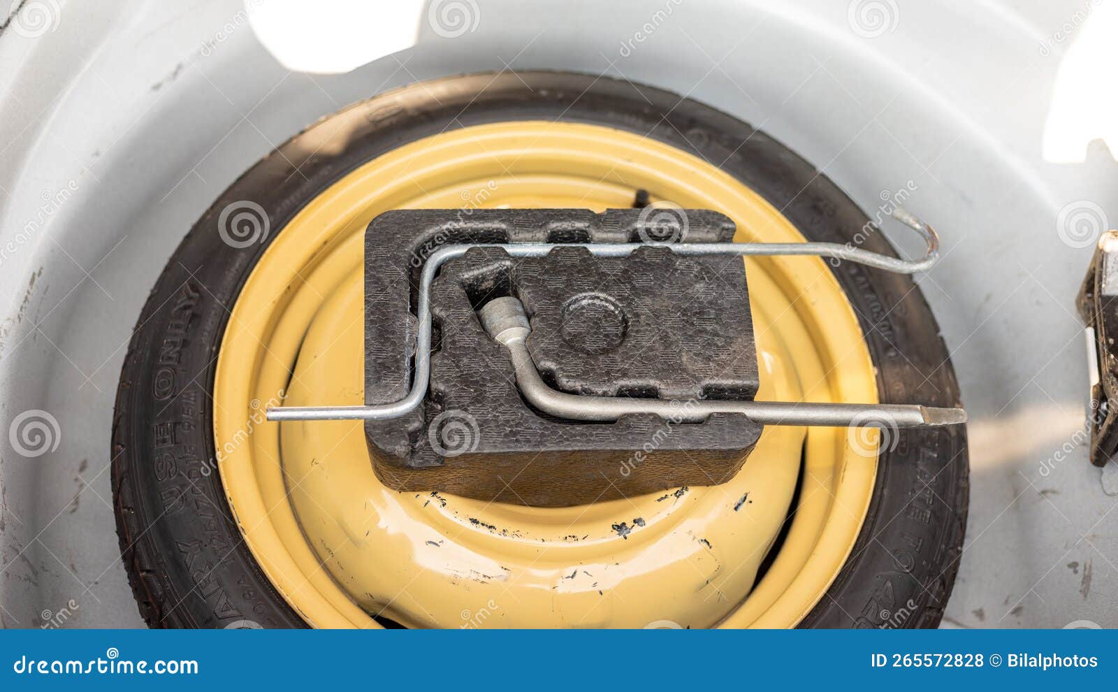 Car Tyre Changing Tools in Tray Kit with Spare Tyre Stock Photo Image
