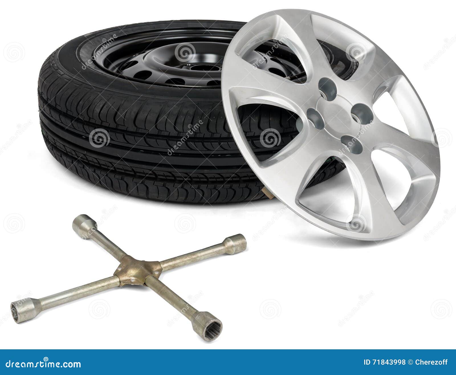 Car Tyre with Wheel Cap and Screwdriver Stock Photo Image of service