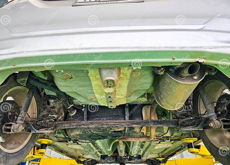 Car Underbody Repair on Hoist at Service Station Stock Image Image of
