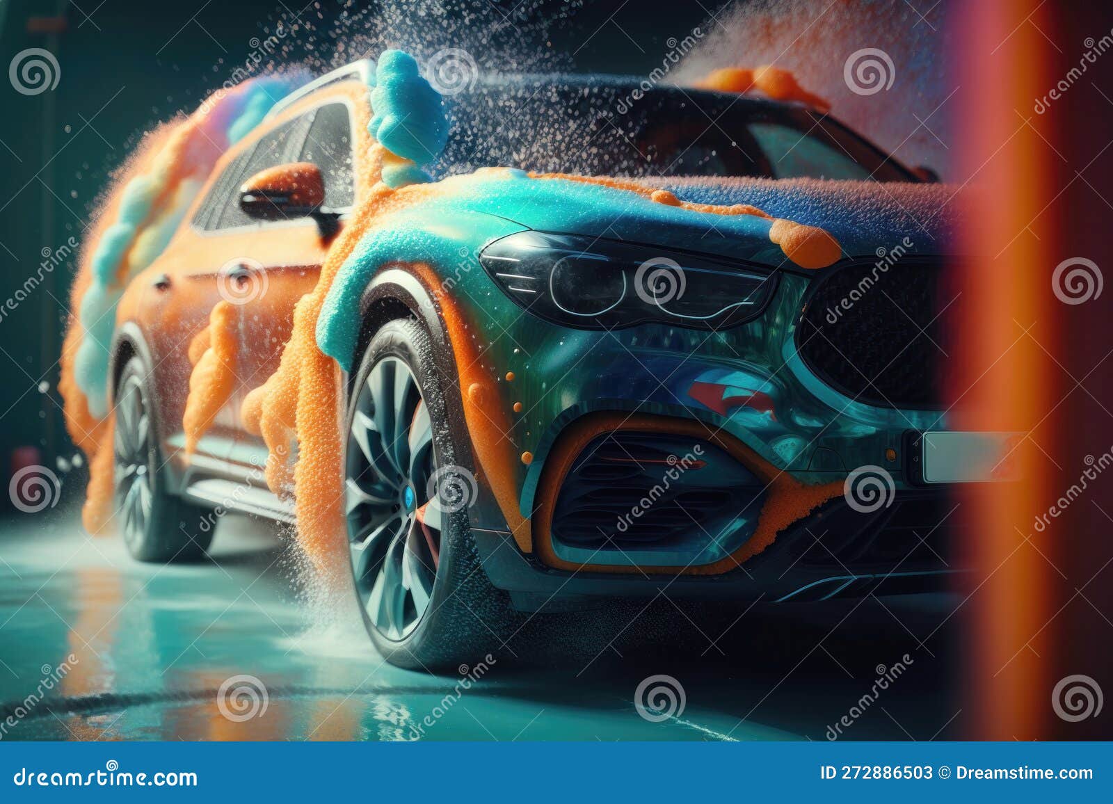 Car Wash with Colored Foam. AI Generated Stock Illustration