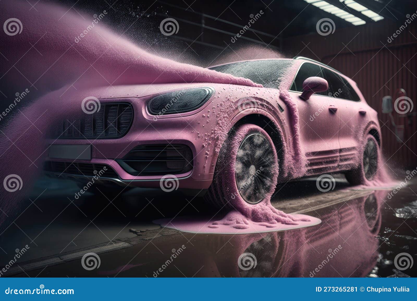 Car Wash with Pink Foam. AI Generated Stock Illustration Illustration