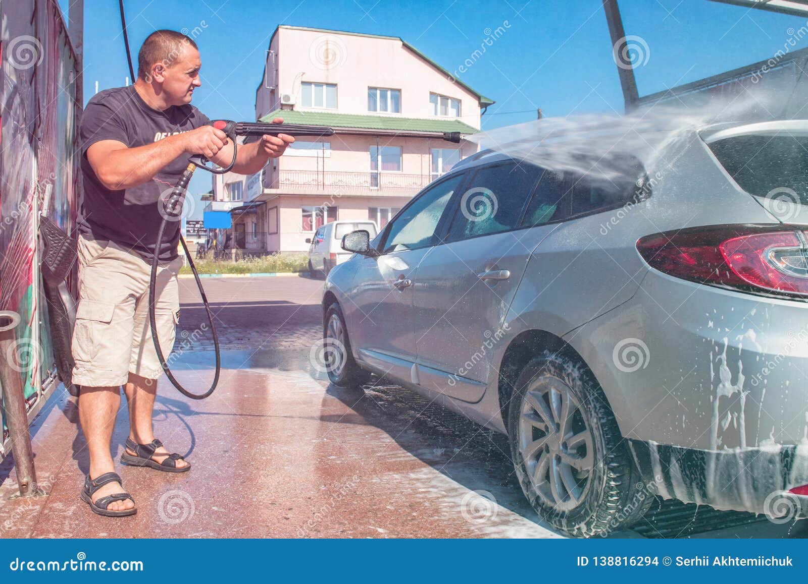.Car Wash Selfservice. the Owner Washes His Car Stock Photo Image of
