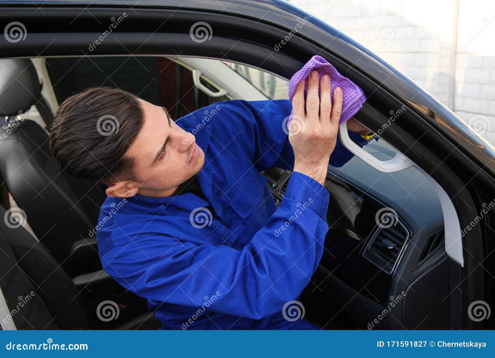 Car Wash Worker Cleaning Automobile with Rag Stock Image Image of
