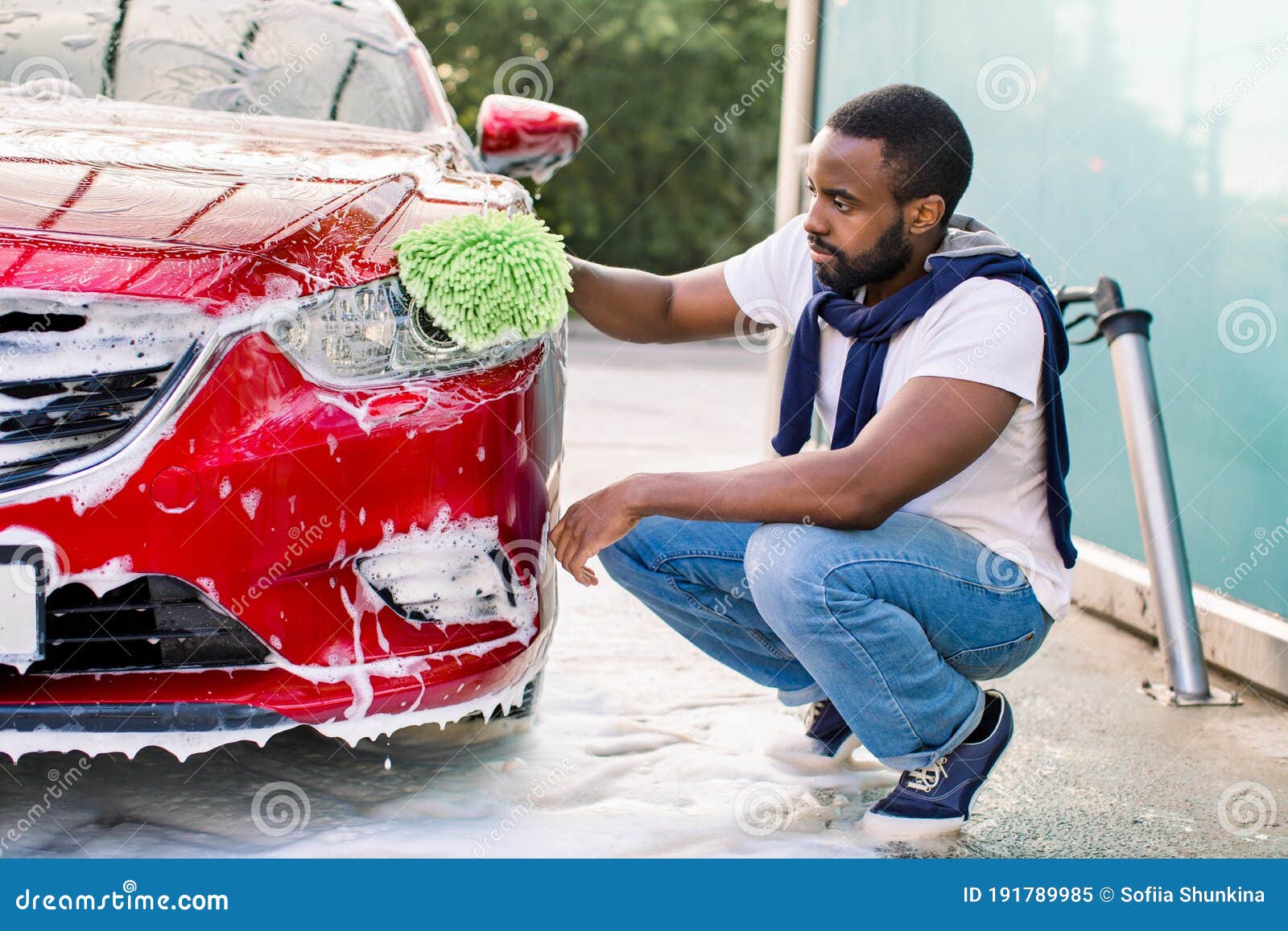 Car Washing Outdoors Ar Self Wash Service Station. Handsome African Dark  Skinned Man in Casual Wear, Washing His Red Stock Image - Image of manual,  spray: 191789985