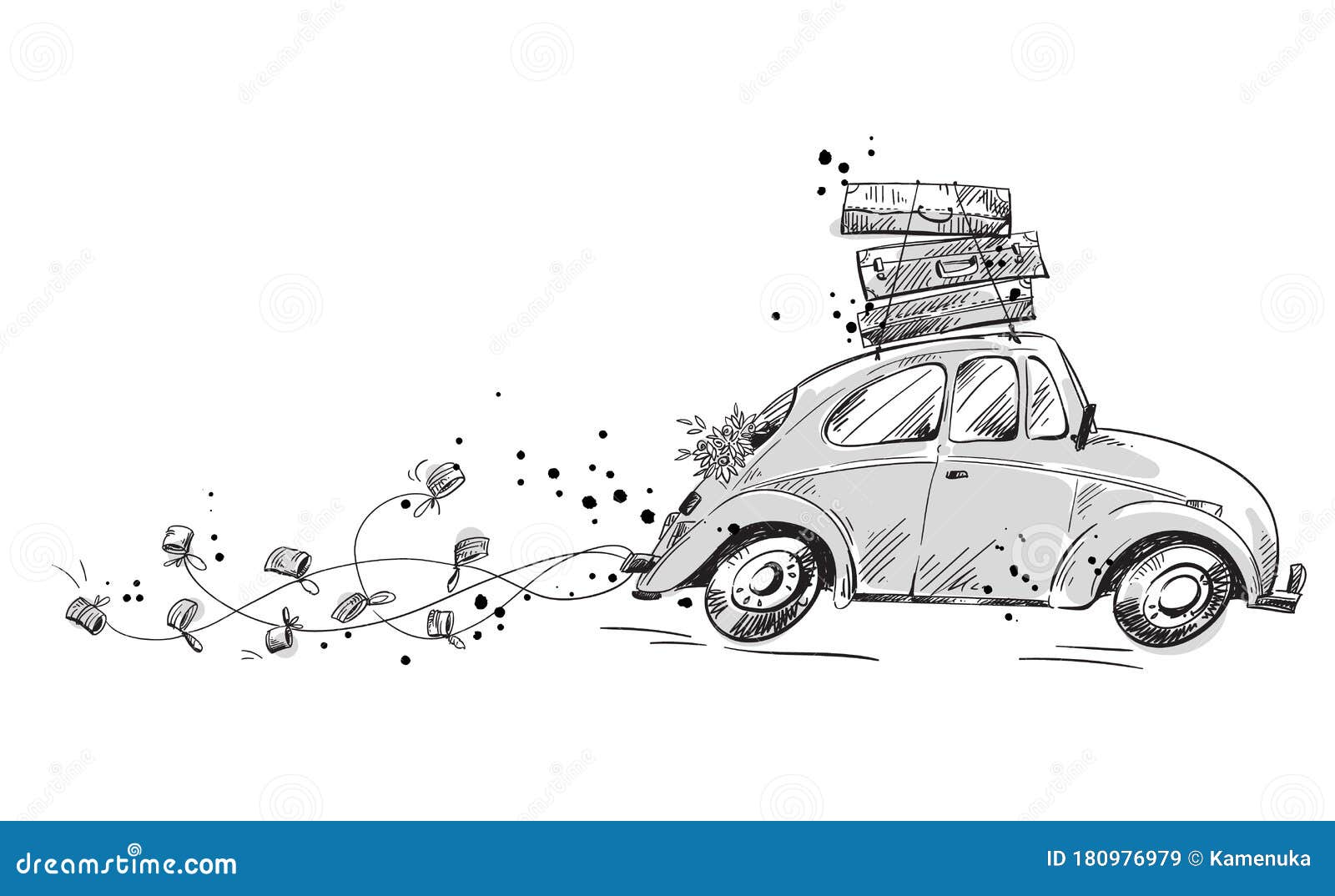 Car with wedding decorations and packed with suitcases going on a honeymoon, vector illustration.