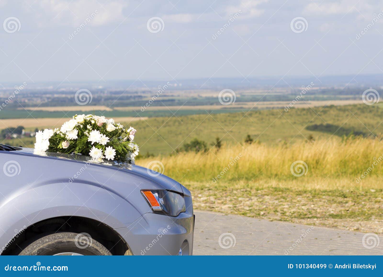 Car with Wedding Flowers on the Hood Stock Image Image of flowers