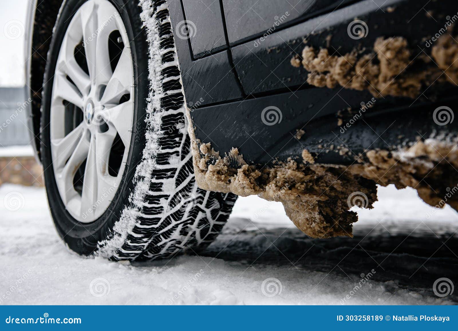 Car Wheel with Dirty Stuck Snow. Winter Problems for Drivers. Stock