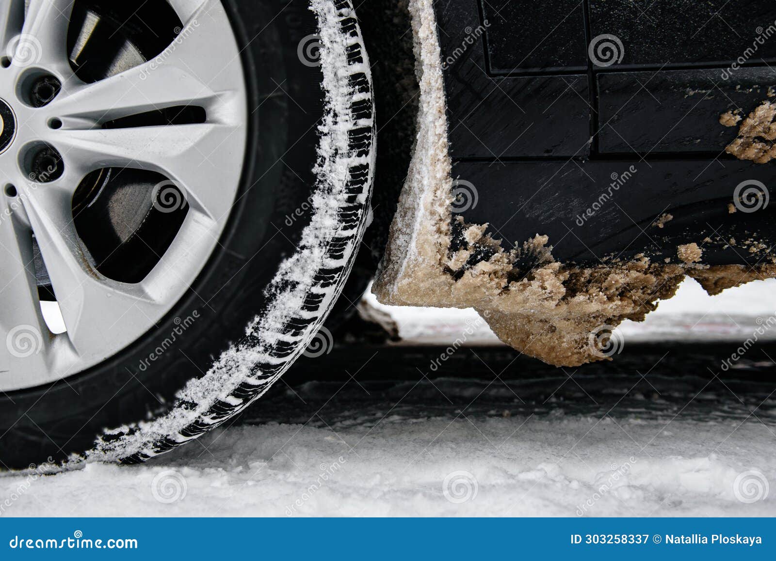 Car Wheel with Dirty Stuck Snow. Winter Problems for Drivers. Stock