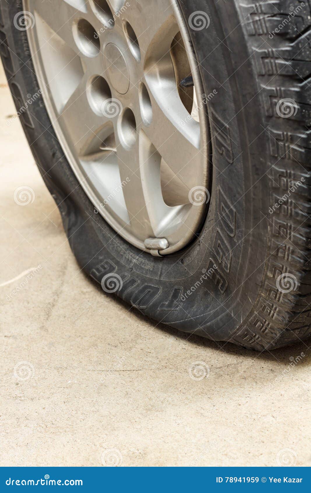 Car Wheel Flat Tire on the Road. Stock Image Image of close, hole