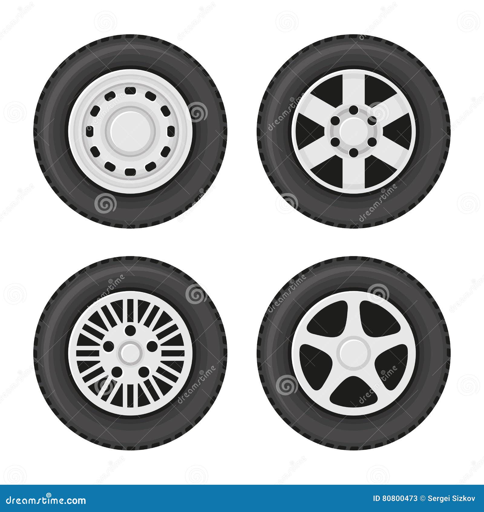 Car Wheels Icons Set on White Background. Vector Stock Vector