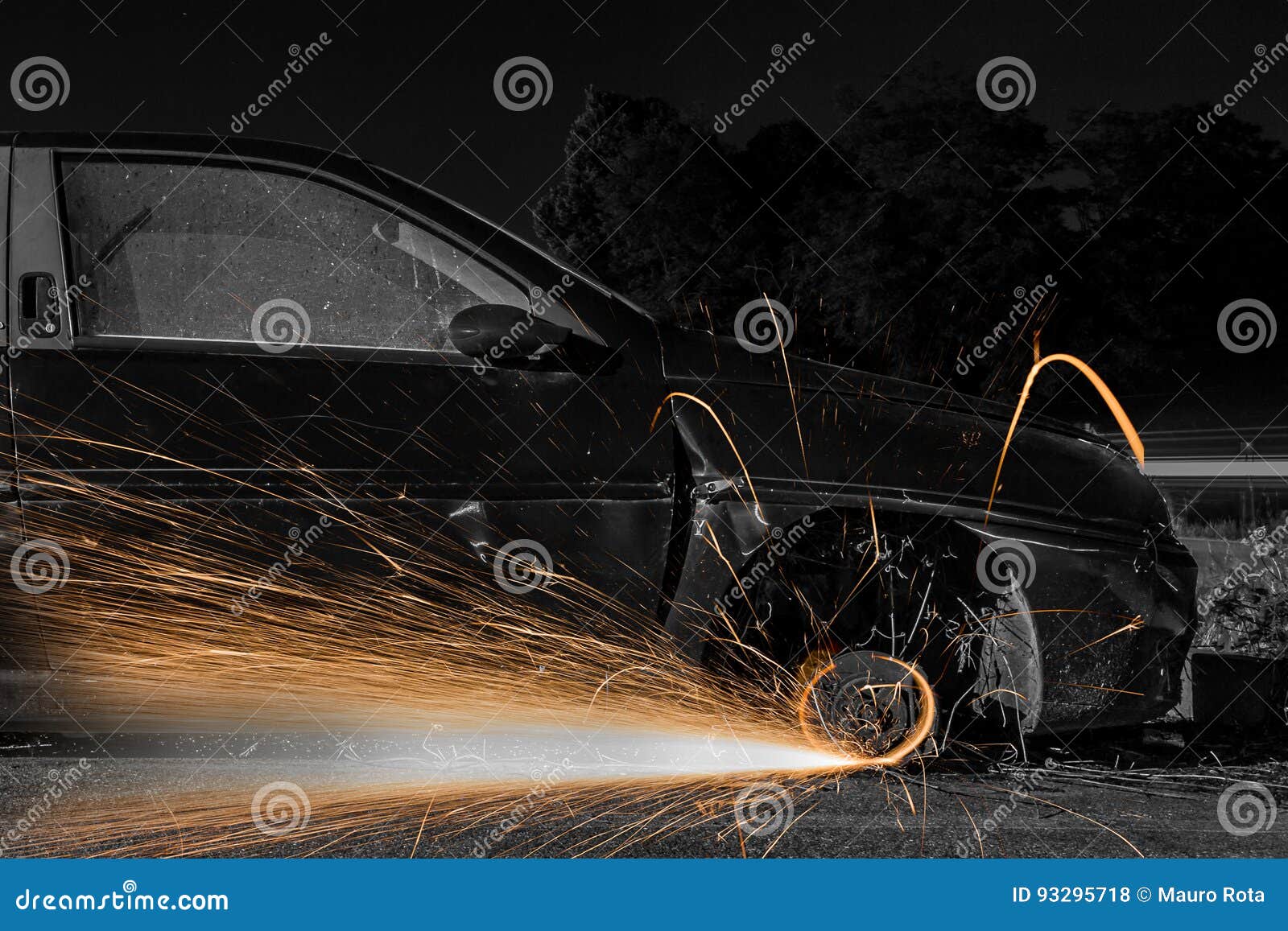 Car wheels with sparks stock photo. Image of wheel, sparks 93295718