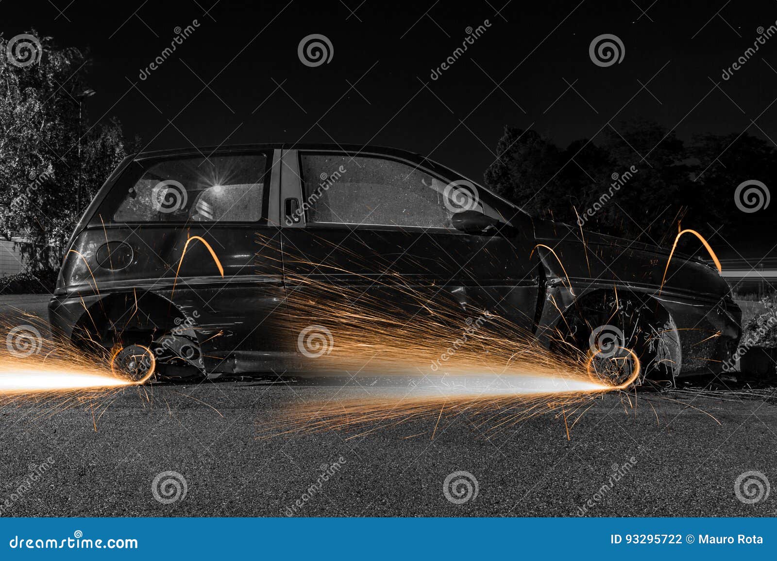 Car wheels with sparks stock photo. Image of sparks, grind 93295722