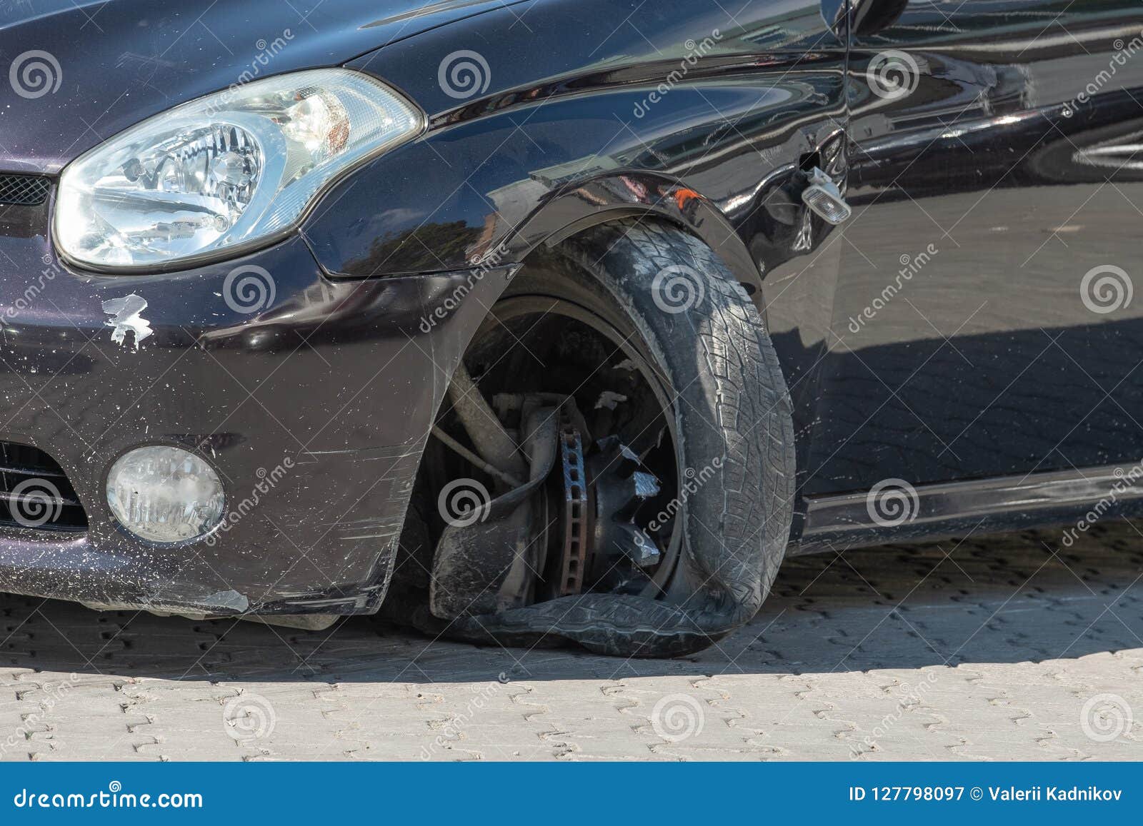 The Car Which Had an Accident with the Broken Wheel. Stock Image