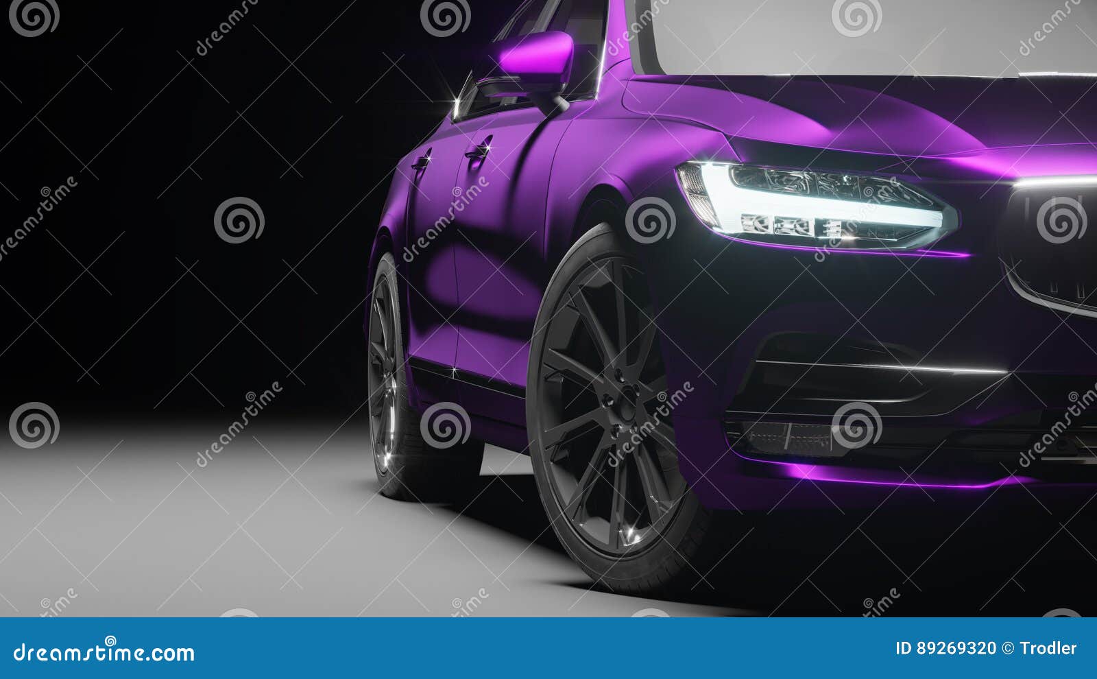 car wrapped in violet matte chrome film. 3d rendering