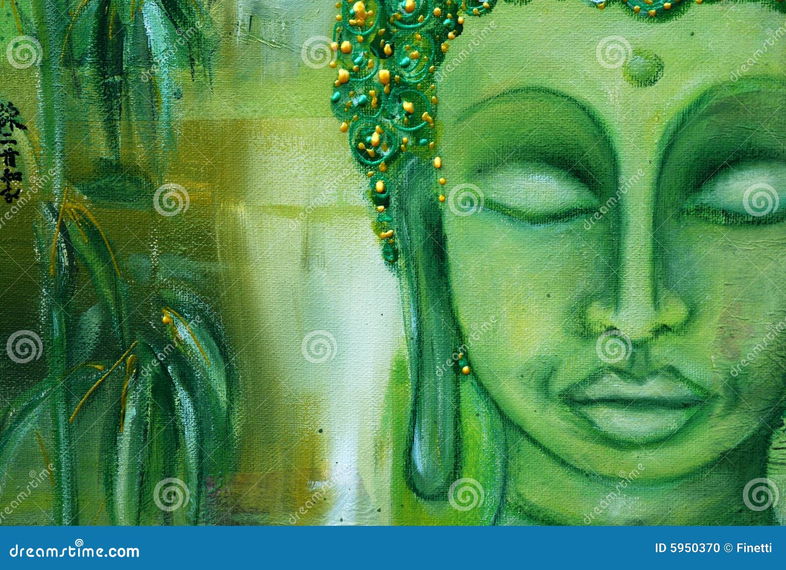 Cara de Buddha en verde. Abstraiga el detalle pintado de la cara de buddha y de las hojas del bambú en cortinas hermosas del verde. El arte es creado y pintado por el fotógrafo.