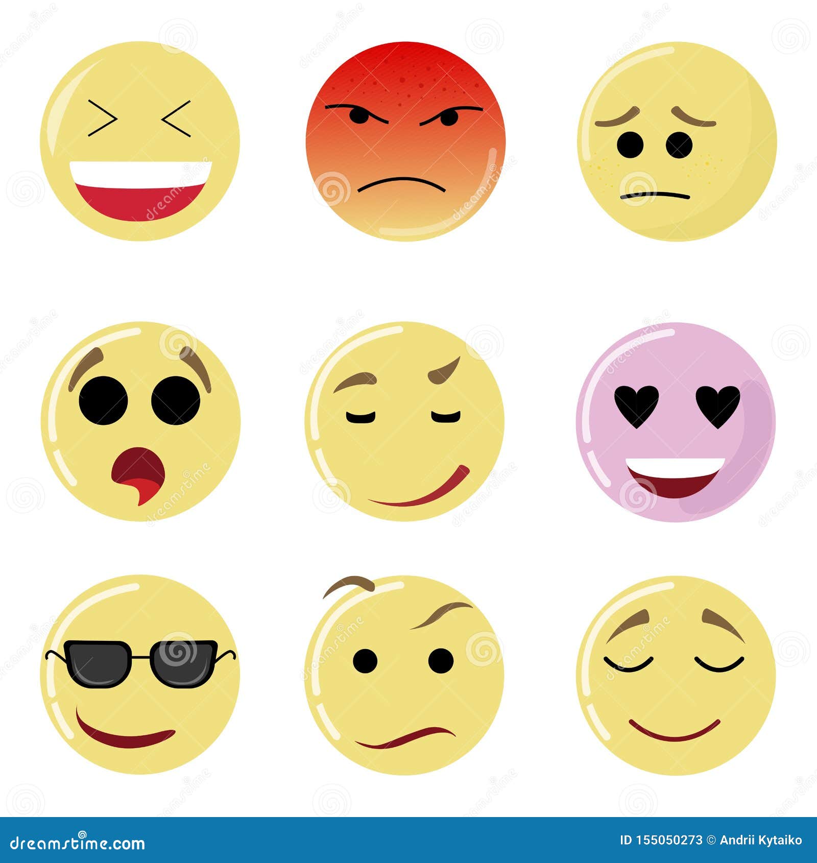 Conjunto de ícones de emoji rostos símbolos de humor emoticon fofos  sorrindo feliz, alegre, triste e com raiva