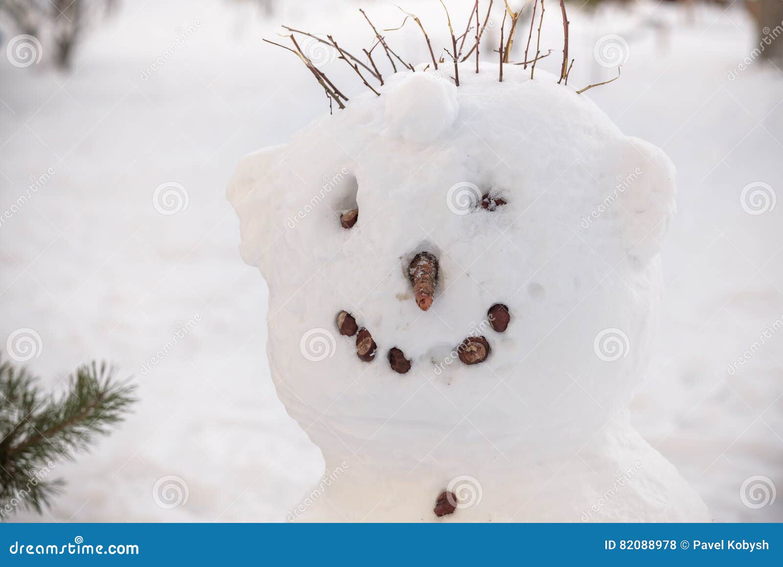 A cara fria do boneco de neve tem o nariz da cenoura, a tubulação e os olhos do botão Chapéu vermelho do lenço e de palha