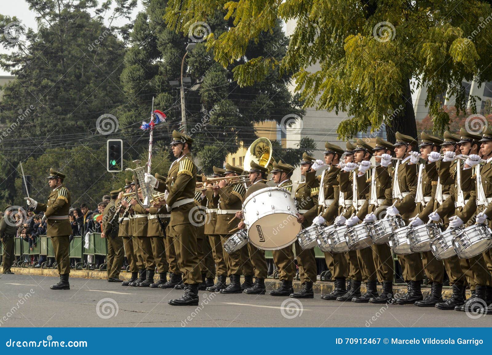 Carabinieri. Chillan, Chile 27 April 2016. The instrumental band takes Carabineros location to begin the parade for the anniversary 89 of the Chilean police institution
