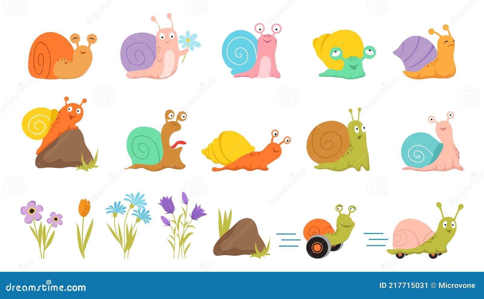 Caracol De Dibujos Animados Y Flores. Insectos Florales Aislados Hierba De  Piedra Caracoles Lindos. Verano Niños Animales Salvajes Ilustración del  Vector - Ilustración de arte, lento: 217715031