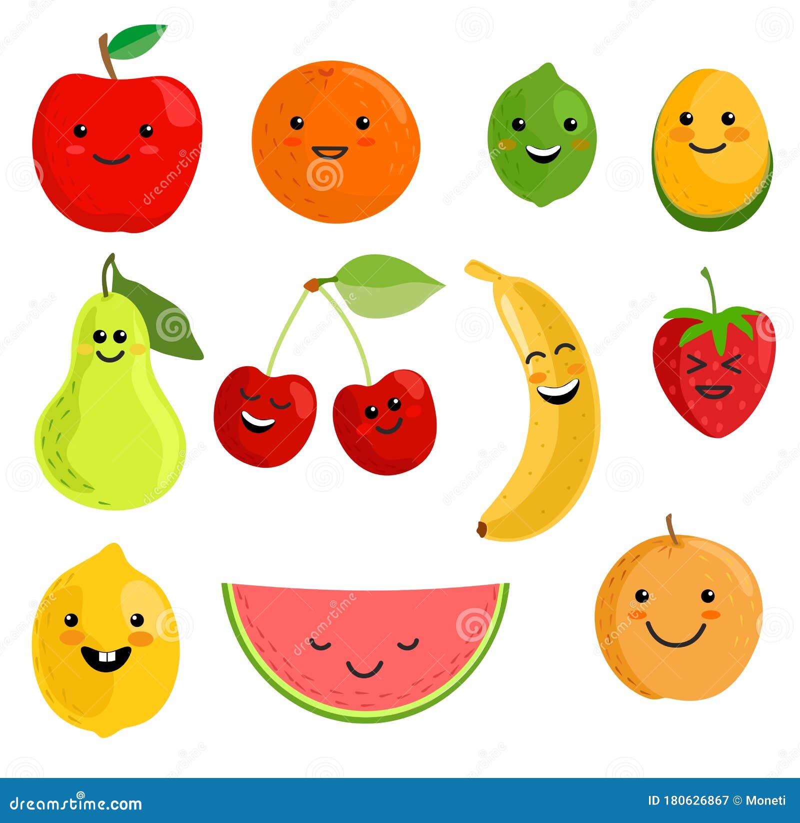 Conjunto de frutas kawaii dos desenhos animados isolado