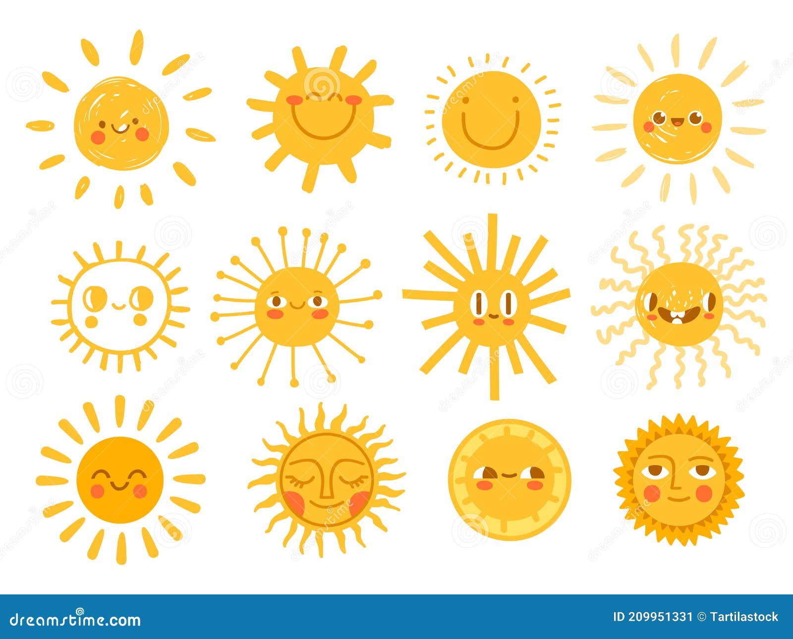 Caracteres De Sol. Emoticono De Sol De Dibujos Animados Con Caras  Graciosas. Decoración Infantil Con Diseños De Días Soleados. Niñ  Ilustración del Vector - Ilustración de anaranjado, sunbeam: 209951331