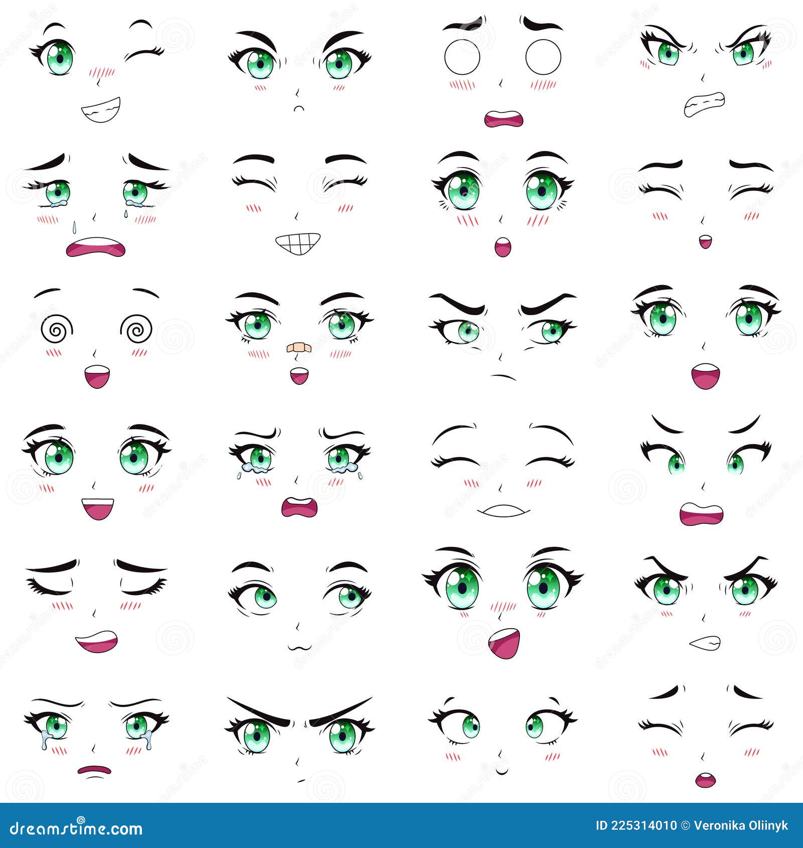 Caracteres Femeninos De Anime Expresiones Kawaii Faciales. Conjunto De  Ilustraciones Vectoriales De Manga De Mujer Ojos Bucales Y Ilustración del  Vector - Ilustración de elemento, historieta: 225314010