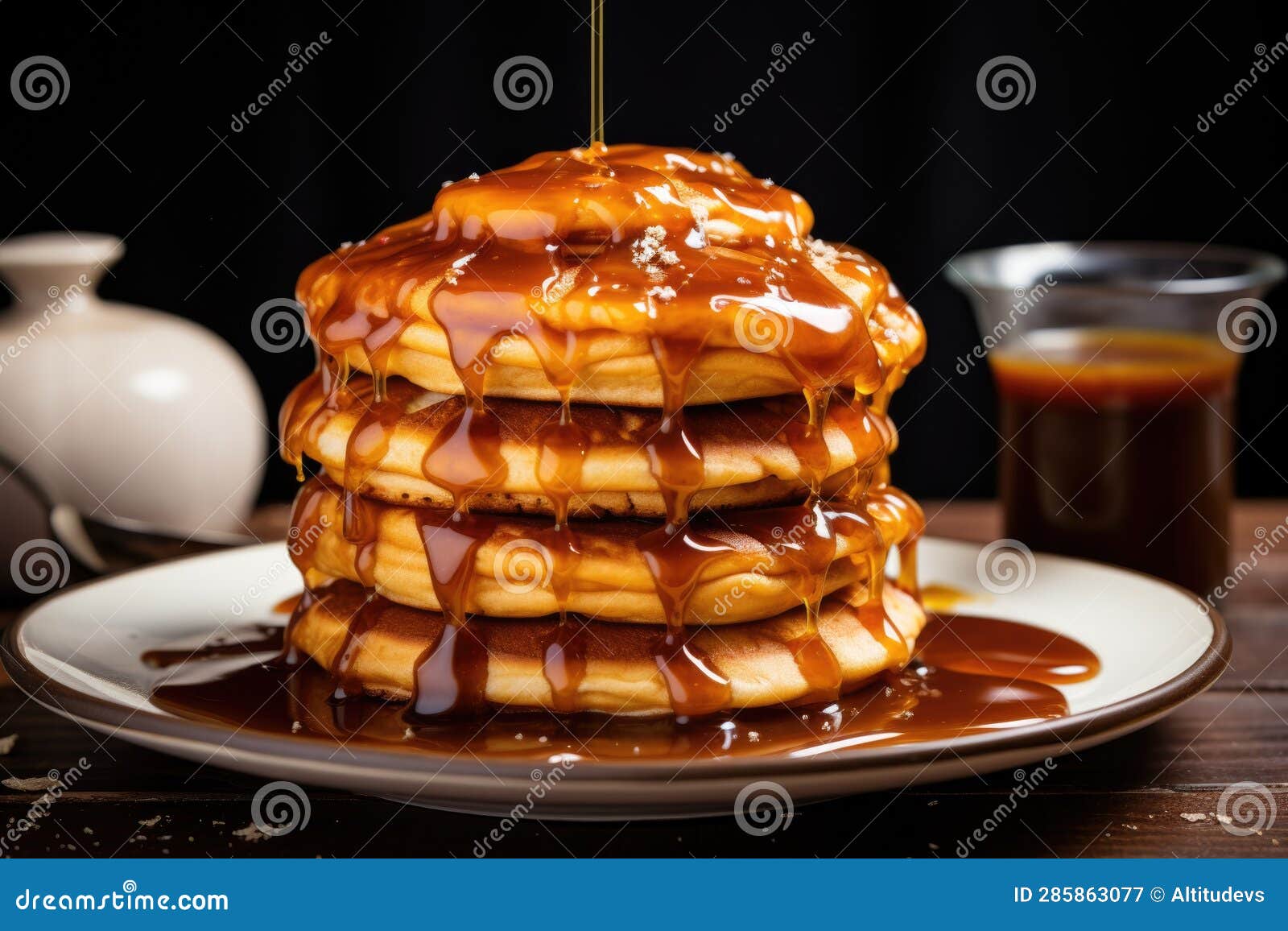 Caramel Sauce Drizzled Over a Stack of Pancakes Stock Image Image of