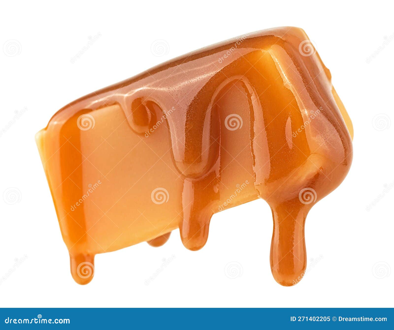 Caramel Sauce Flowing on Caramel Candy, Isolated on White Background. Levitating Caramel Candy