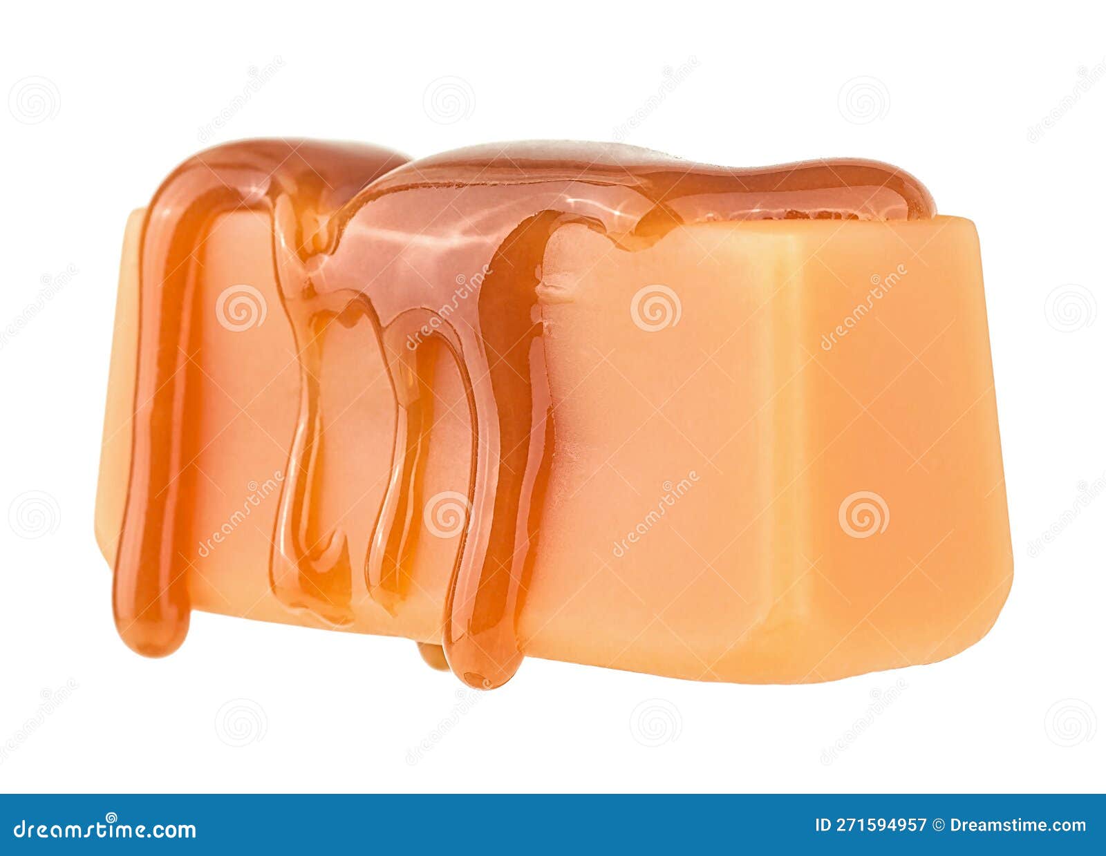 Caramel Sauce Flowing on Caramel Candy, Isolated on White Background. Levitating Caramel Candy
